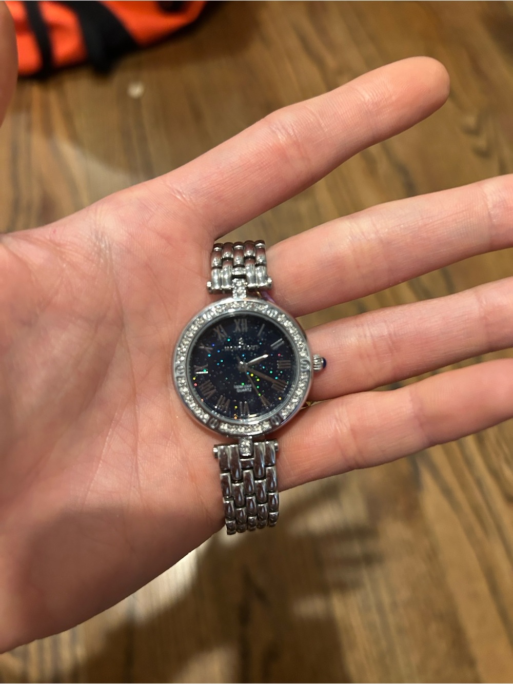 Stainless Silver-Tone Women's Bracelet Watch with Black Sparkle Dial